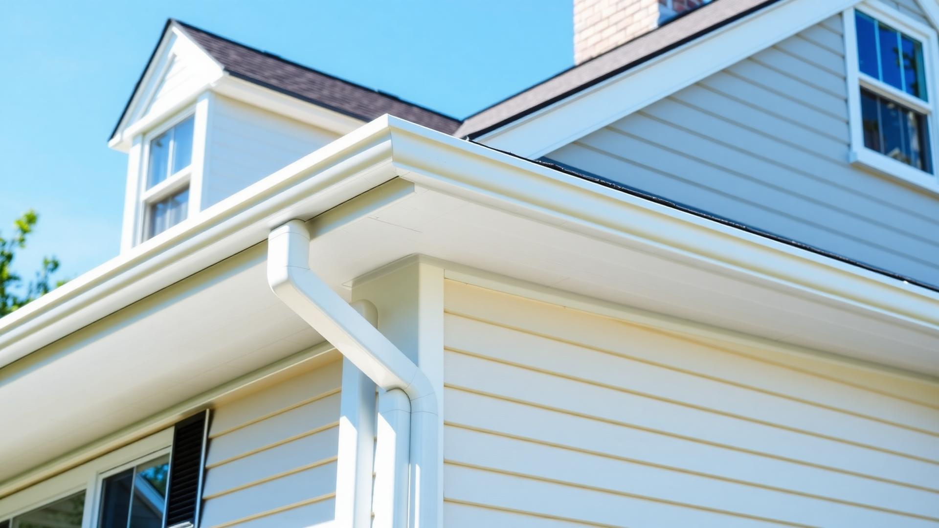Clean white seamless gutters on a New England home exterior